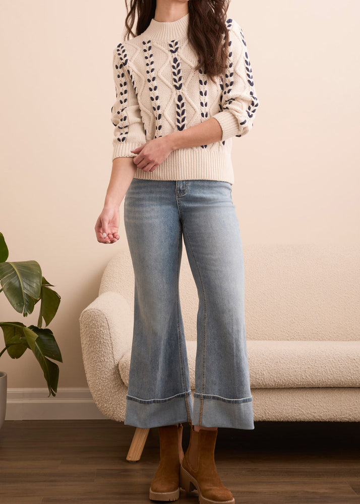 3/4 Length Sleeve Cable Crew Neck