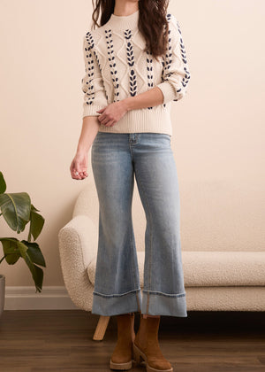 3/4 Length Sleeve Cable Crew Neck