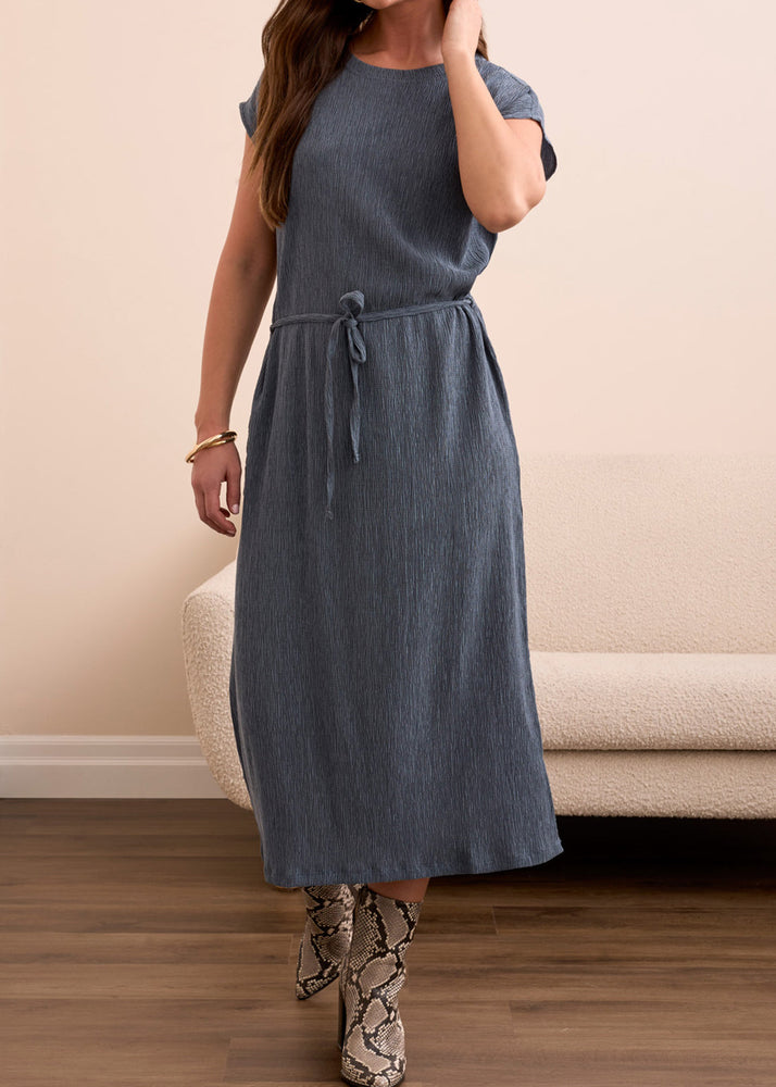 Easy fit, Midi length, Blue Dress, Crew neck, Cap Sleeve, Belted, Winnipeg, Manitoba, Canada Boutique, Tribal Clothing