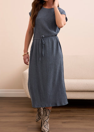 Easy fit, Midi length, Blue Dress, Crew neck, Cap Sleeve, Belted, Winnipeg, Manitoba, Canada Boutique, Tribal Clothing