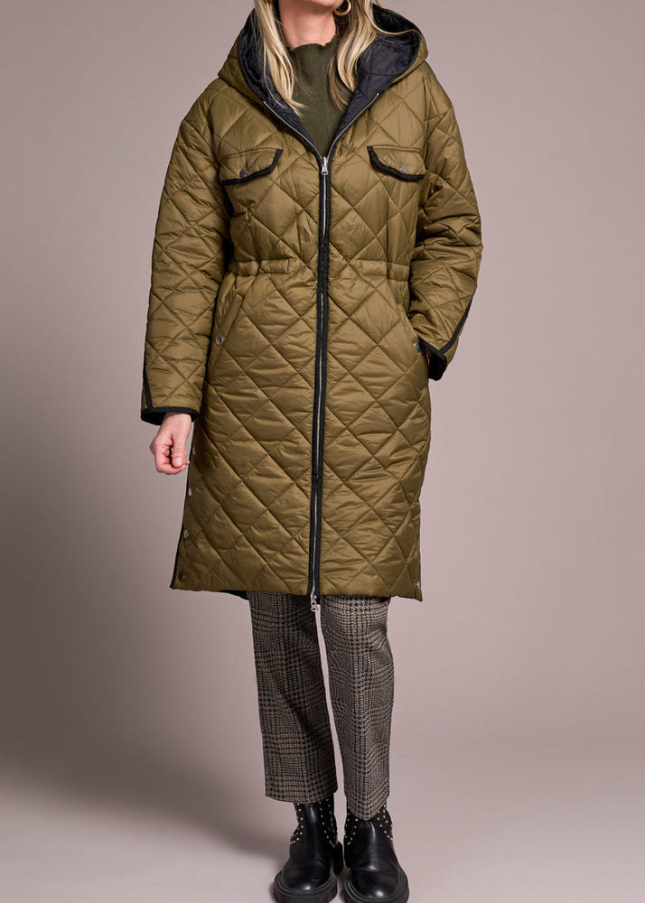 Long, Light Weight, Quilted, Puffer Jacket, Olive, Reversible, Snaps, Tribal Clothing, Winnipeg, Manitoba, Canada