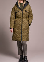 Long, Light Weight, Quilted, Puffer Jacket, Olive, Reversible, Snaps, Tribal Clothing, Winnipeg, Manitoba, Canada