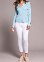 Polo, With contrast blanket stitch, sleeve detailing, Baby blue, Winnipeg, Manitoba, Canada, Tribal Clothing