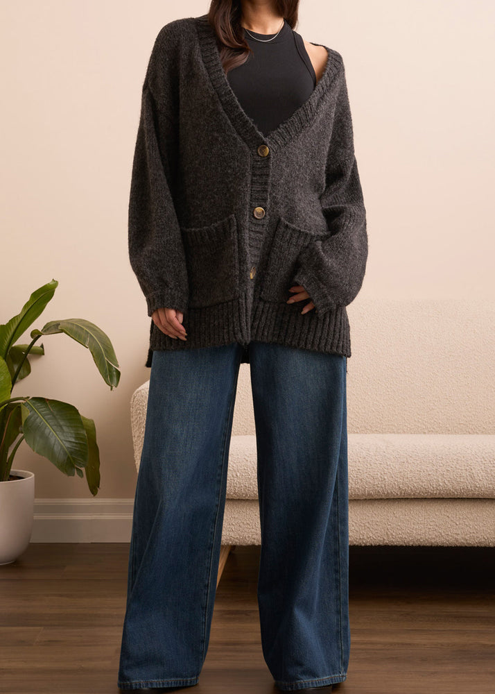 Oversized, Button down, Fuzzy Cardigan, Heathered Black, Winnipeg, Manitoba, Canada, Tribal Clothing