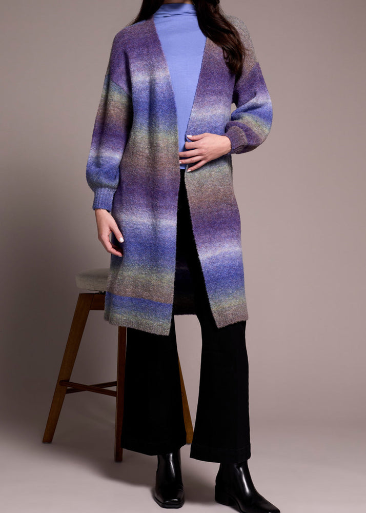 Long Sleeve Cardigan, Purple Stripes, Open Waterfall Cardigan, Jacket Cardi, Sweater, Tribal Fashion, Soft, Cozy, Puff Sleeve Cuff, Winnipeg, Manitoba, Canada