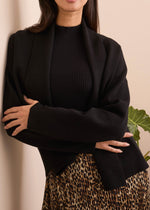 cardigan, light weight jacket, slate blue, black, knitted, fold over collar, Tribal Clothing, Winnipeg, Manitoba, Canada