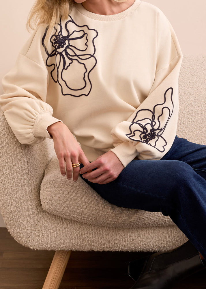 Crewneck, Bubble Sleeve, Lightweight Sweater, Soft inside, Embroidered, String Art, Floral Detail, Winnipeg, Manitoba, Canada, Tribal Clothing