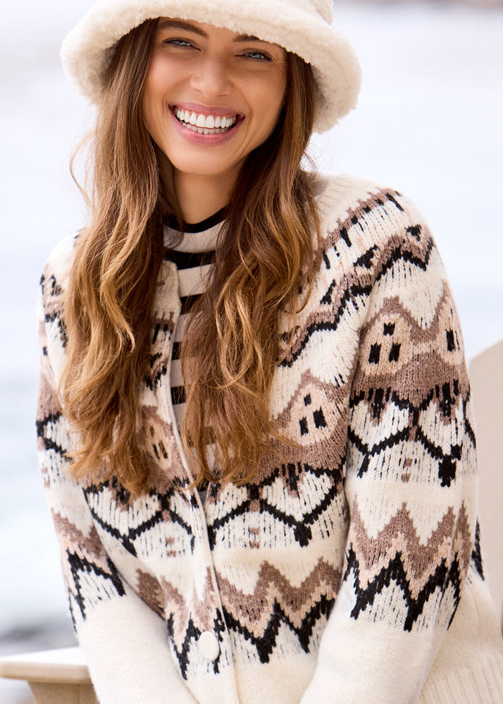 Nordic inspired print, button front sweater, cardigan jacket, Tribal Fashion, Winnipeg, Winter Sweater, Canada, Manitoba