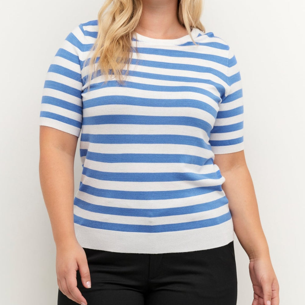 Kaffe curve extended sizing short sleeve blue and white striped lightweight knit sweater Manitoba Canada