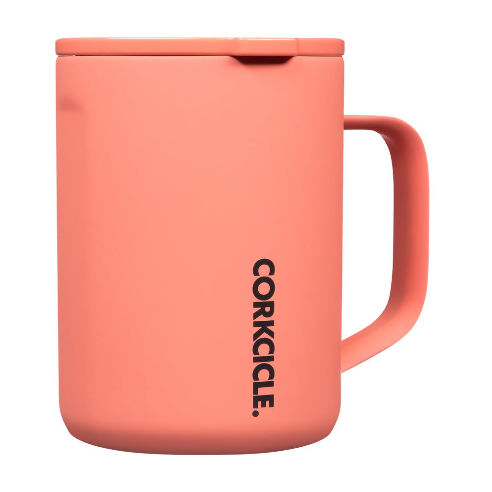 Corkcicle neon lights coral coffee mug with lid