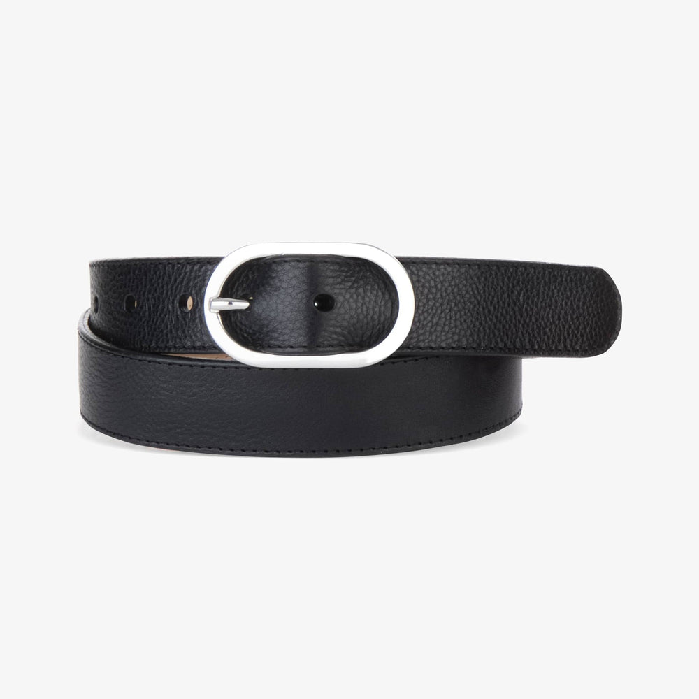 Brave leather made ethically in Canada black leather belt with silver oblong oval buckle Manitoba Canada
