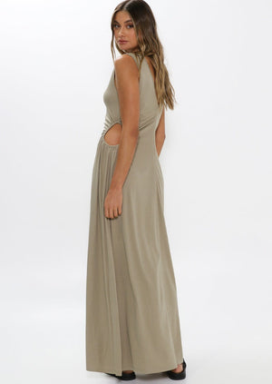 
            
                Load image into Gallery viewer, Dressy casual jersey maxi dress with cut outs khaki green Manitoba Canada
            
        