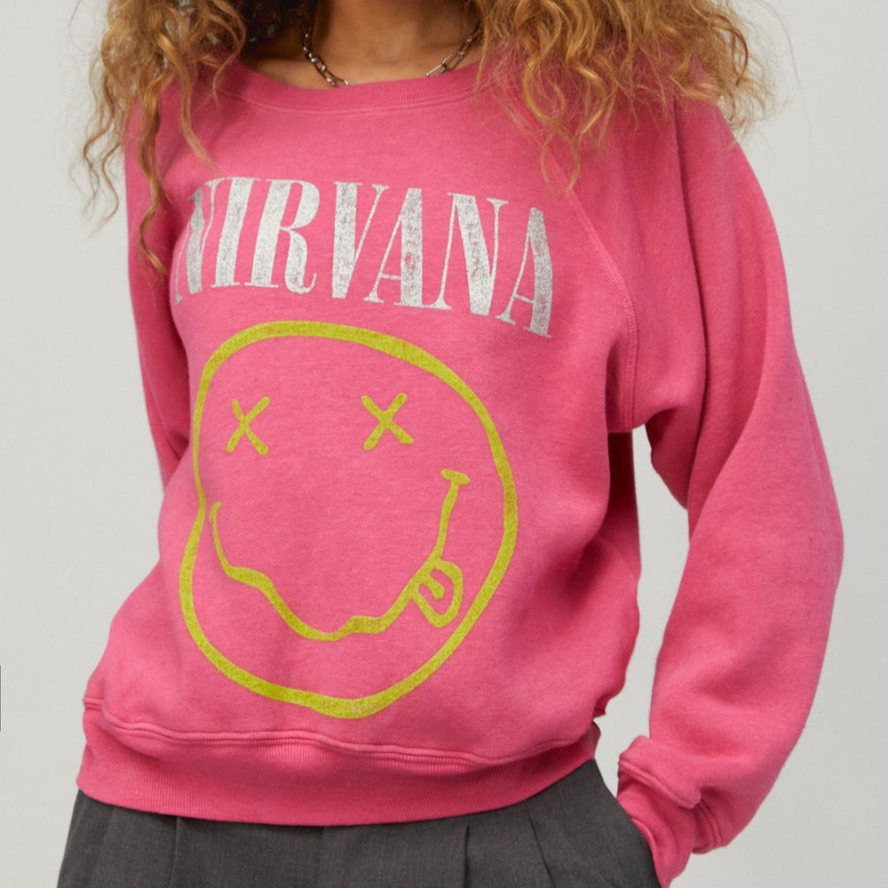 
            
                Load image into Gallery viewer, Nirvana iconic smile logo hot pink sweatshirt Manitoba Canada
            
        