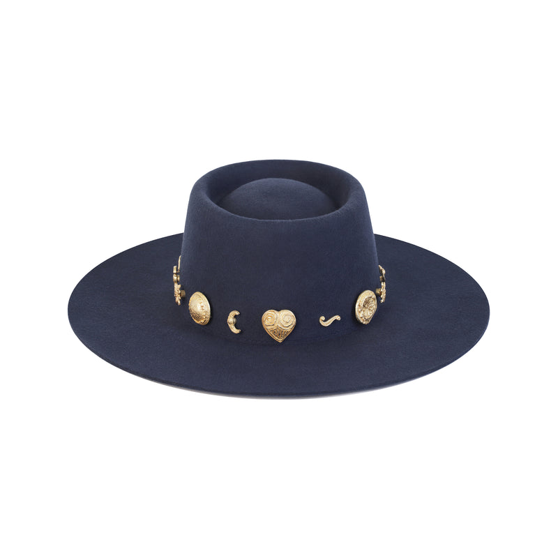 Lack of Color navy Cosmic Boater australian wool hat with gold conches charms