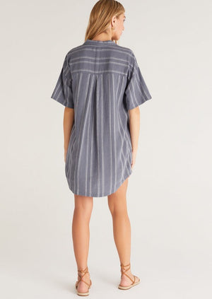 
            
                Load image into Gallery viewer, Striped linen beach cover up shirt dress washed indigo stripe Z Supply Manitoba Canada
            
        