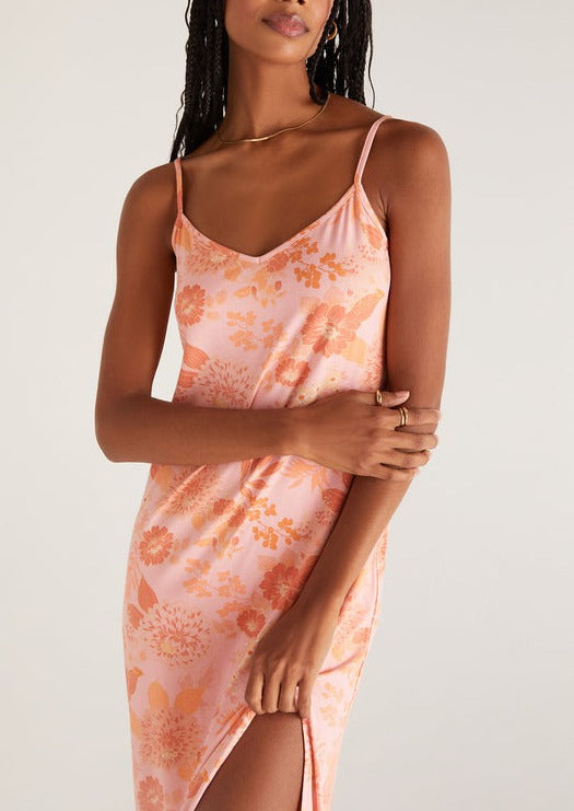 
            
                Load image into Gallery viewer, Z Supply cora sunkist coral floral knit jersey midi dress with slit Manitoba Canada
            
        