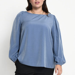 Imperial blue swiss dot feminine minimalist puff sleeve blouse by Kaffe Curve manitoba Canada
