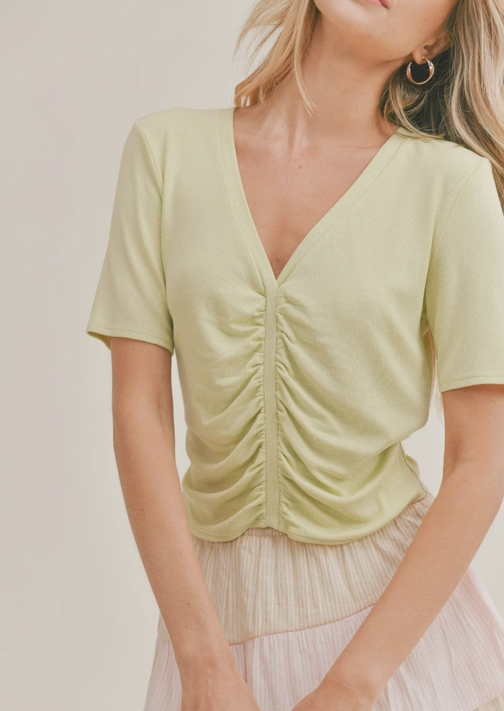 
            
                Load image into Gallery viewer, Sadie &amp;amp; Sage rach ruched rib knit v-neck t-shirt light green pistachio Manitoba Canada
            
        