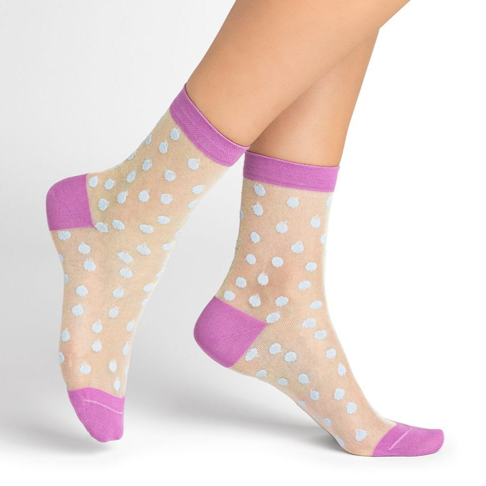 
            
                Load image into Gallery viewer, Sheer dotted colourful fashion socks Bleu Foret Manitoba Canada
            
        